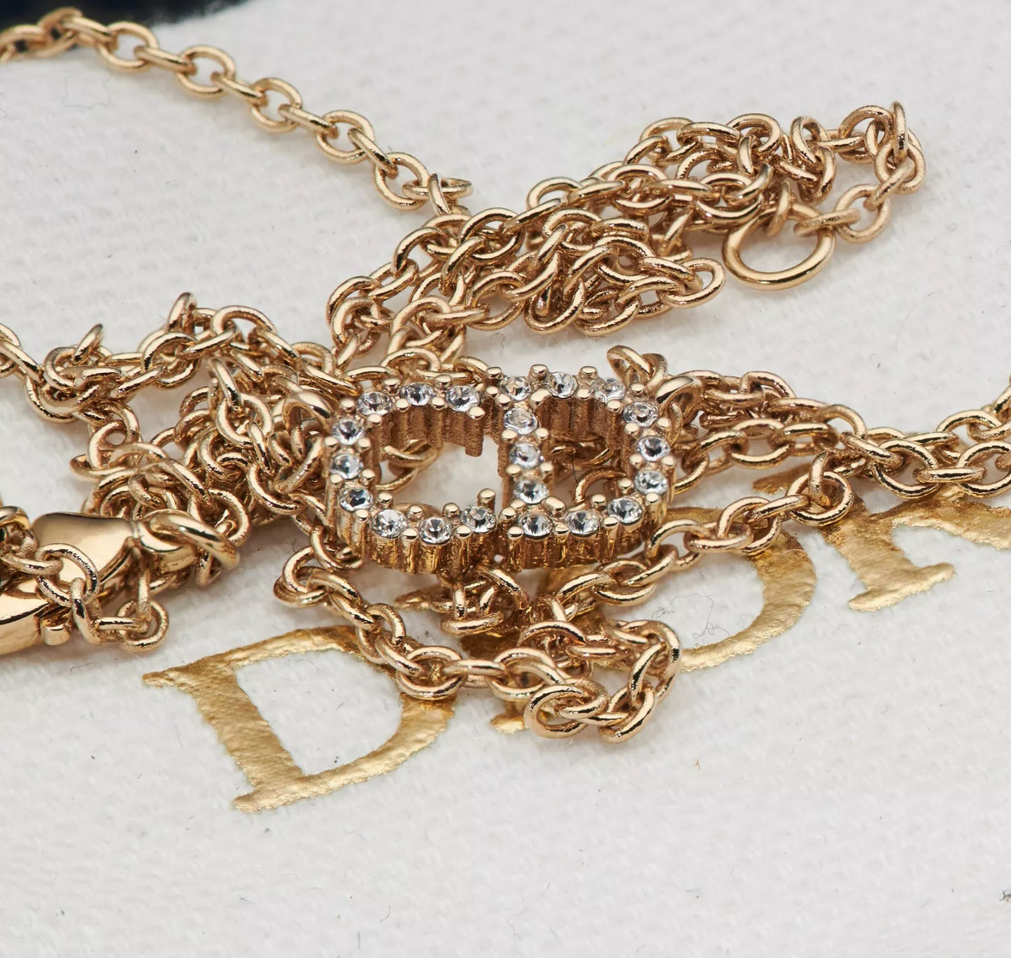 Christian Dior CD Logo Gold Plated Rhinestone Faux Pearl Necklace Pendant