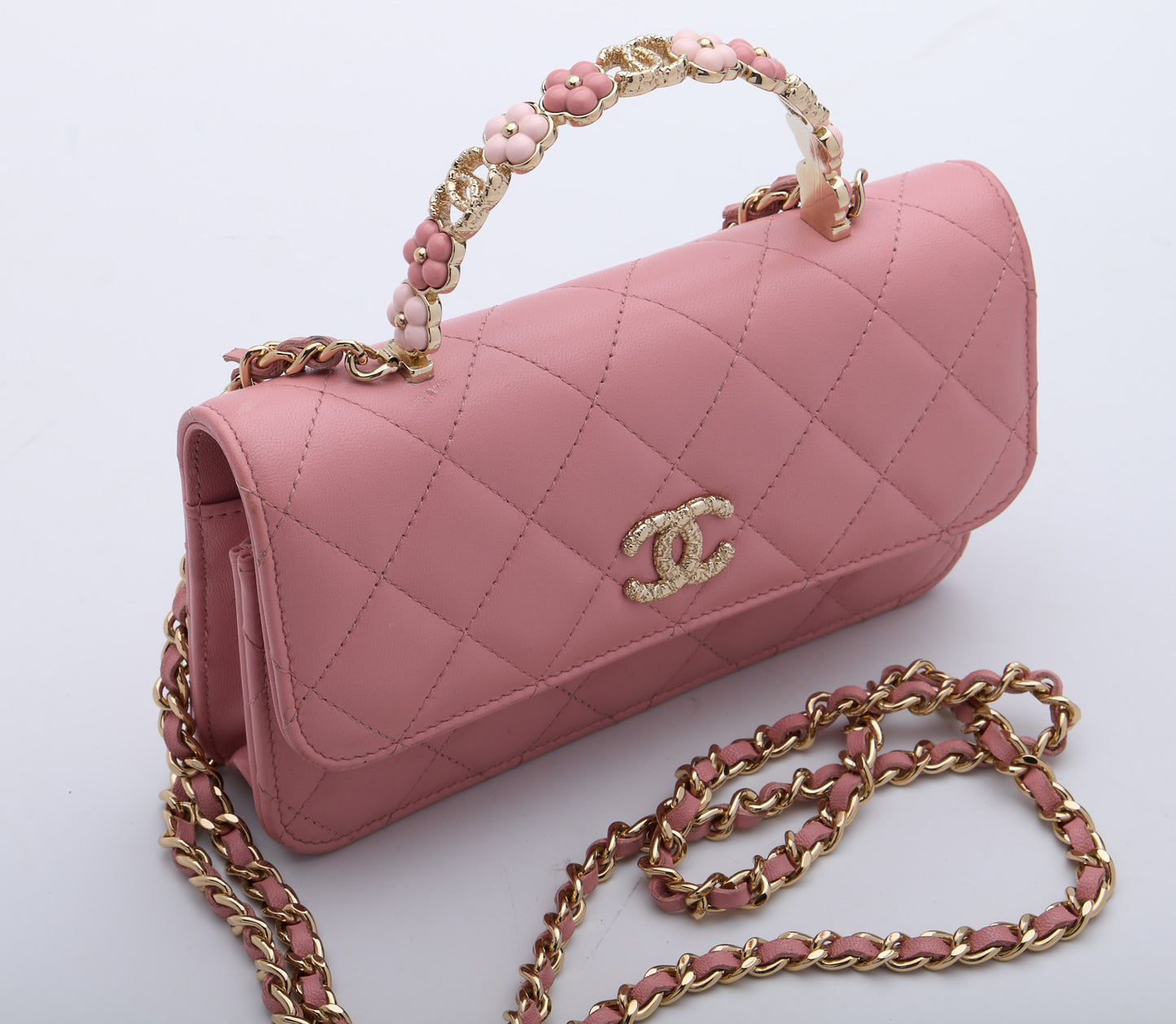 CHANEL Top Handle Wallet On Chain Shoulder Bag Pink Quilted Lambskin Leather