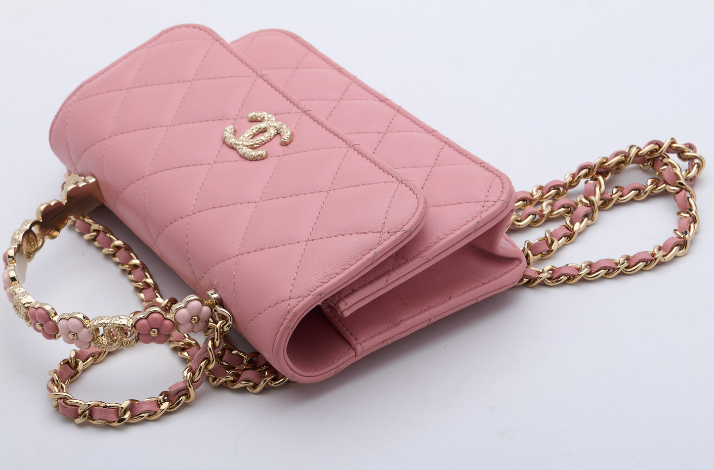 CHANEL Top Handle Wallet On Chain Shoulder Bag Pink Quilted Lambskin Leather