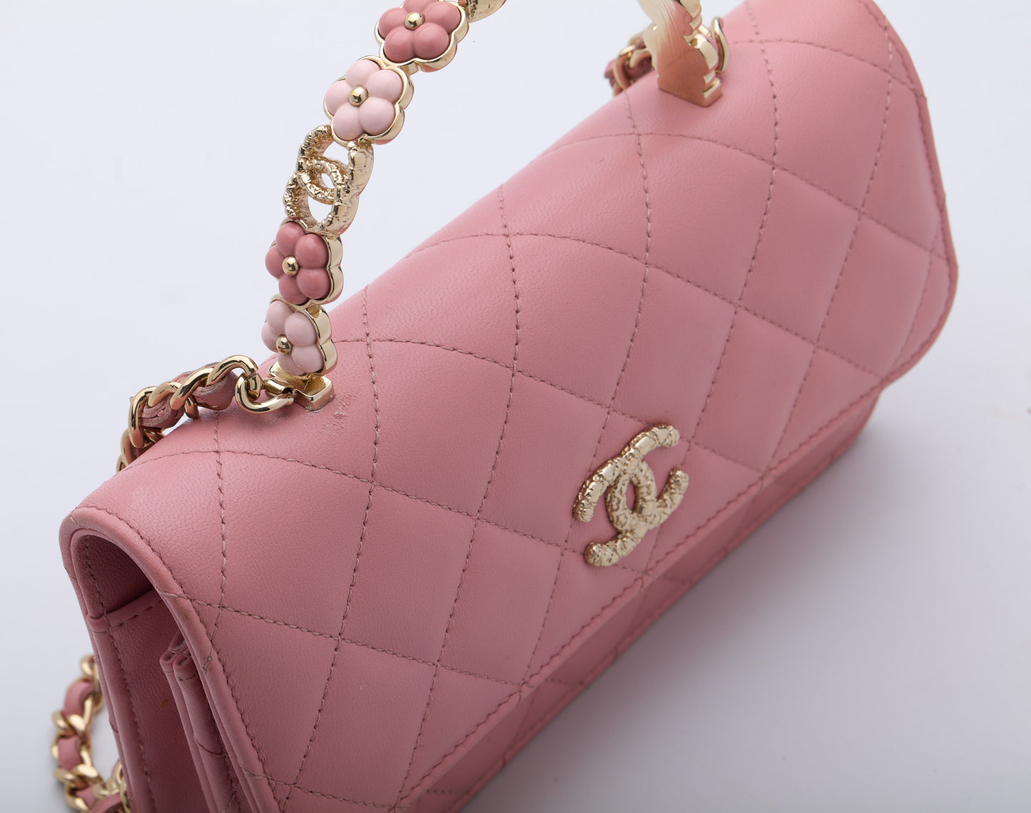 CHANEL Top Handle Wallet On Chain Shoulder Bag Pink Quilted Lambskin Leather