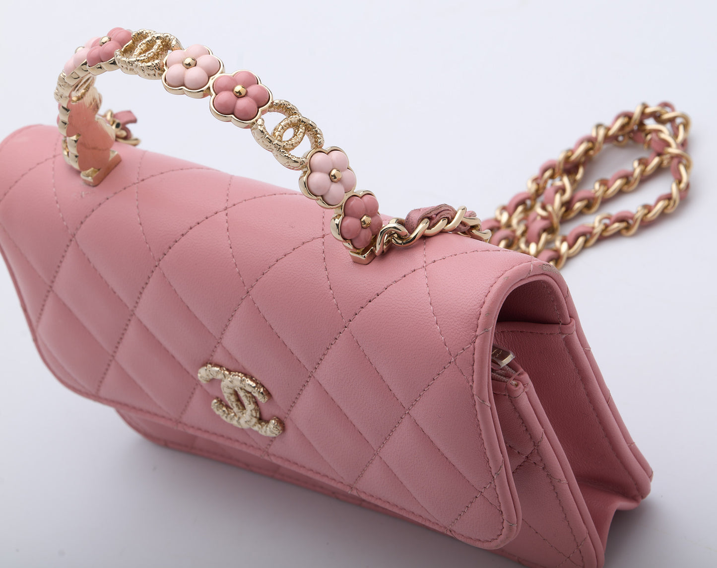CHANEL Top Handle Wallet On Chain Shoulder Bag Pink Quilted Lambskin Leather