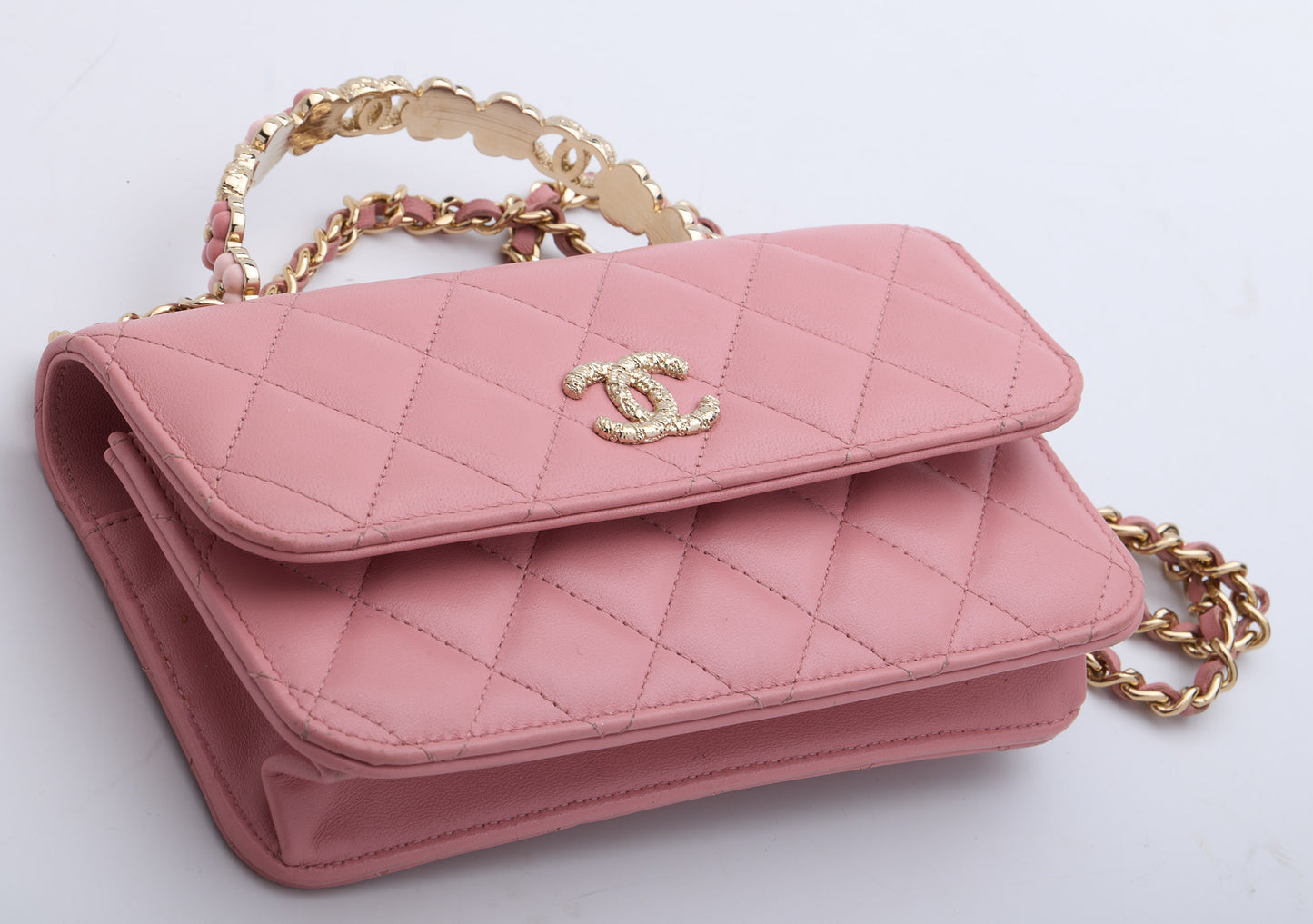 CHANEL Top Handle Wallet On Chain Shoulder Bag Pink Quilted Lambskin Leather