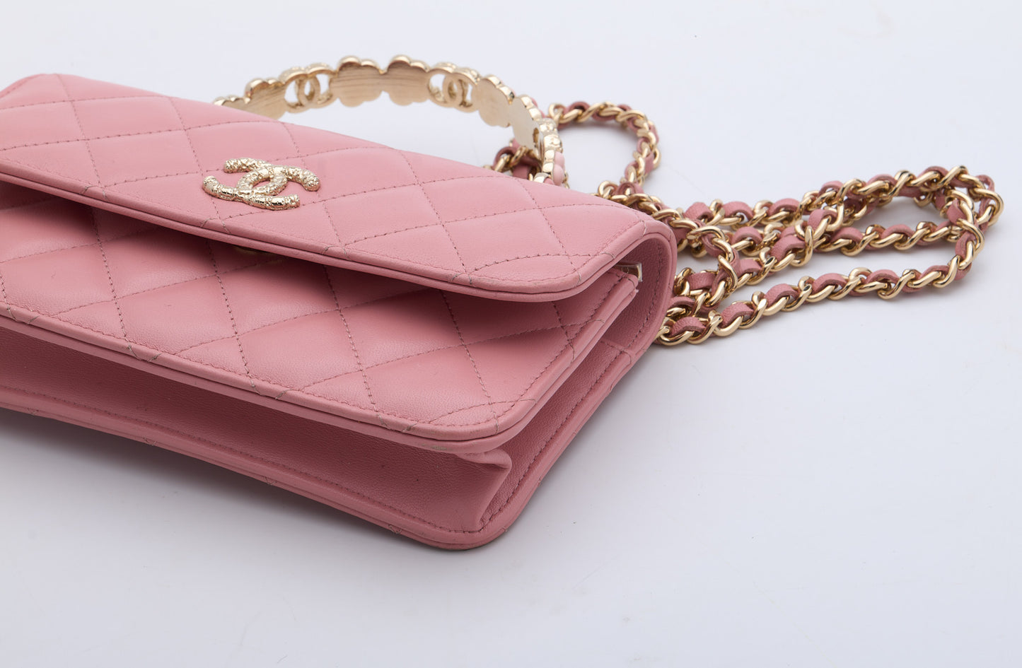 CHANEL Top Handle Wallet On Chain Shoulder Bag Pink Quilted Lambskin Leather