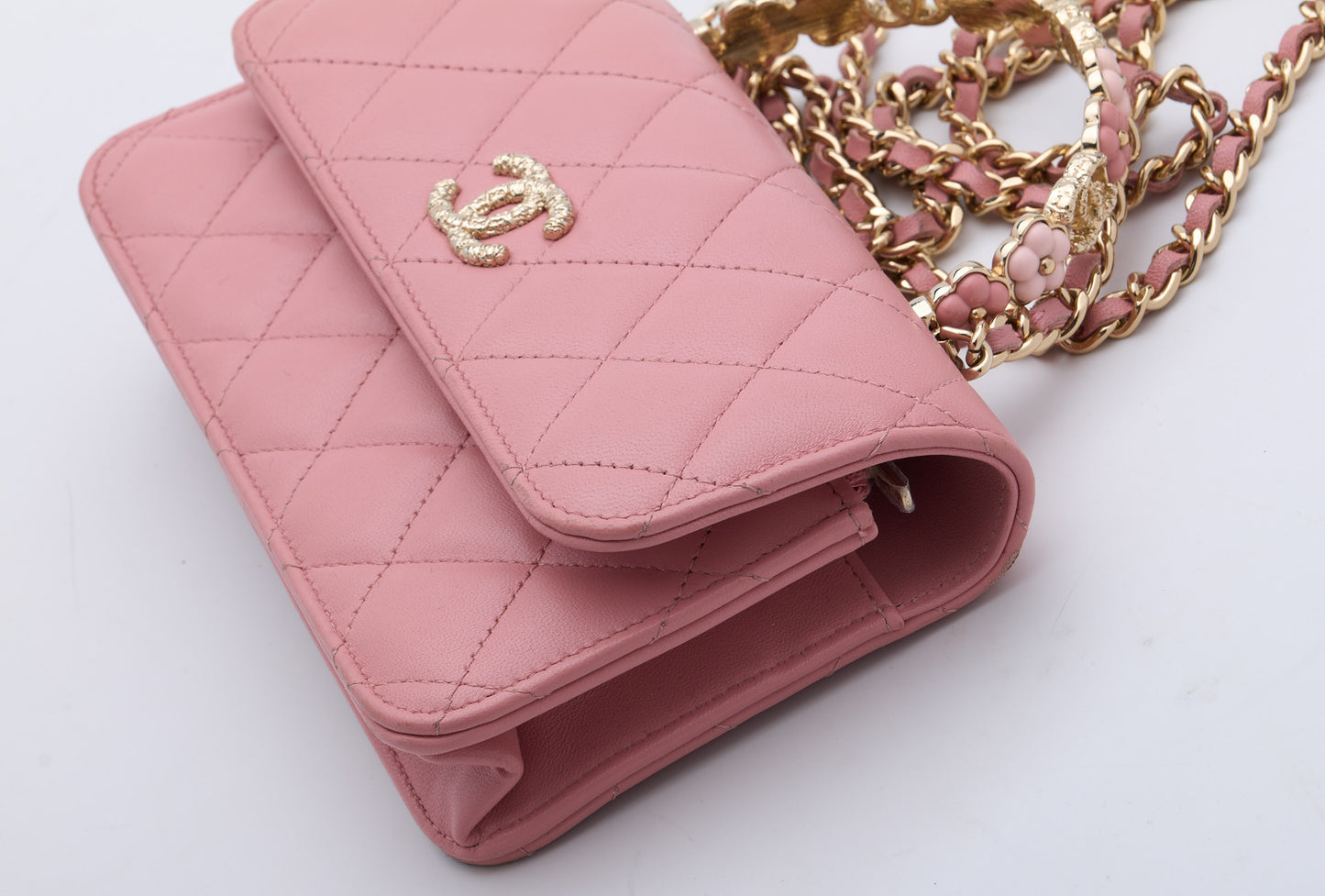 CHANEL Top Handle Wallet On Chain Shoulder Bag Pink Quilted Lambskin Leather