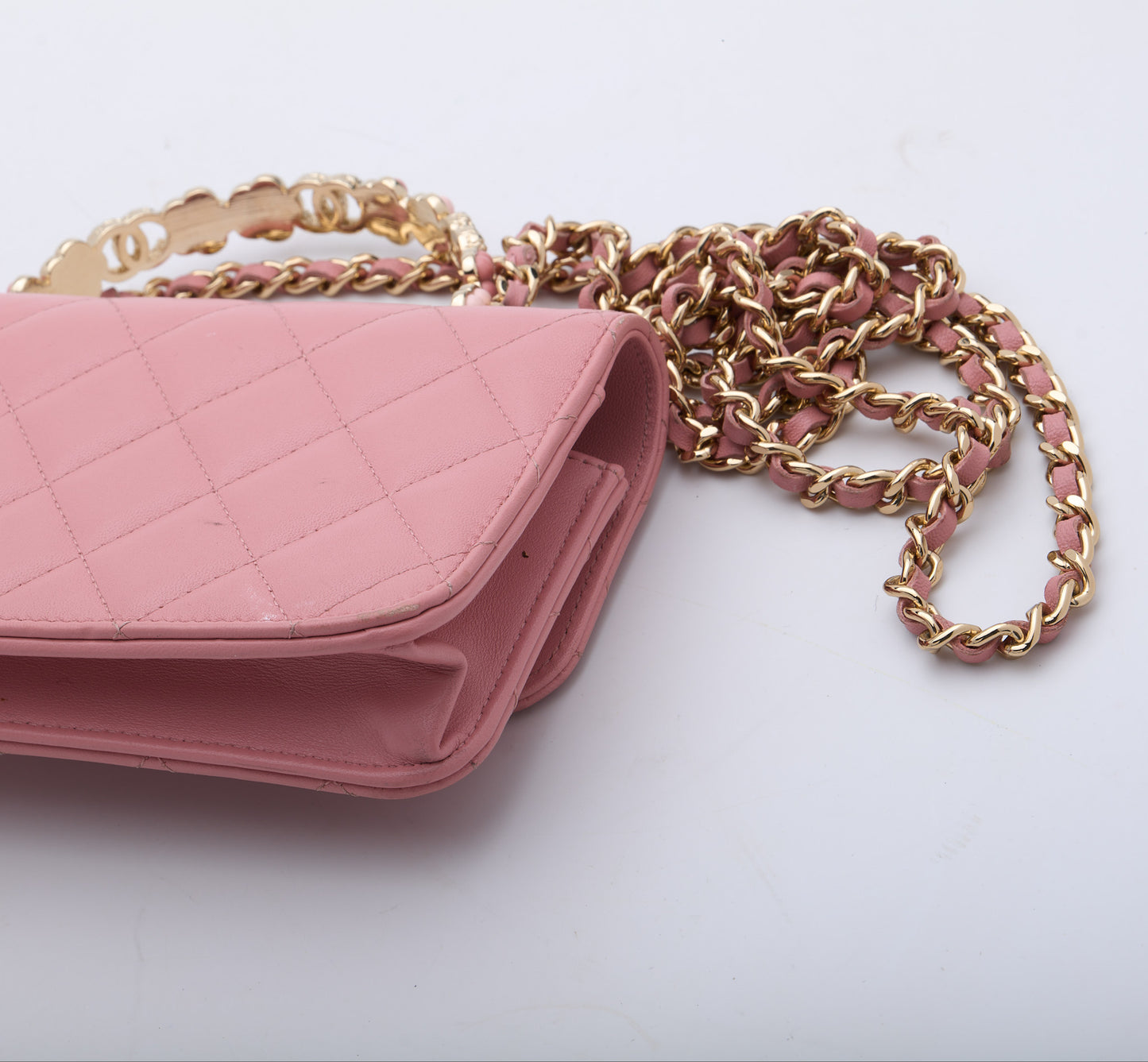 CHANEL Top Handle Wallet On Chain Shoulder Bag Pink Quilted Lambskin Leather