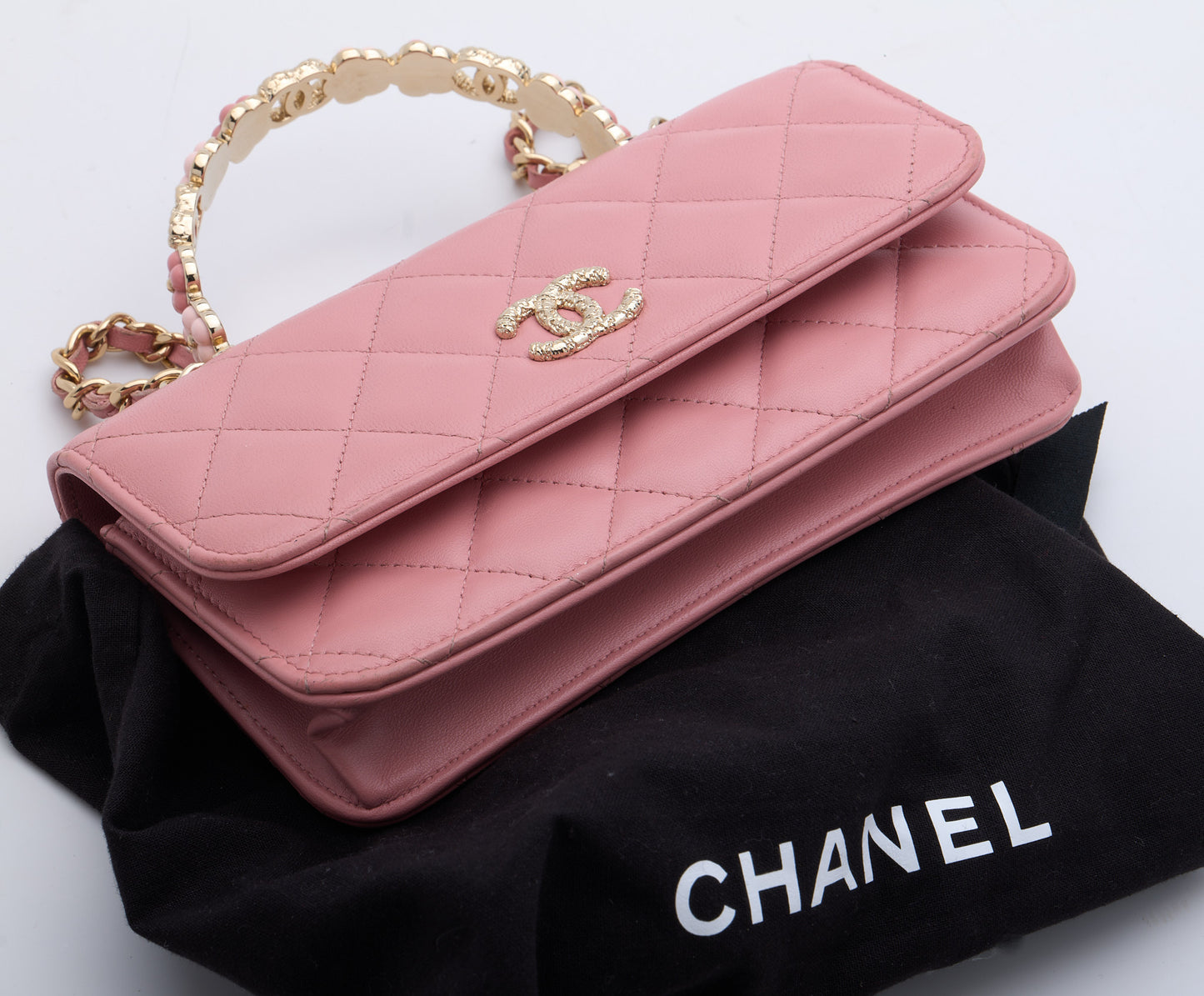 CHANEL Top Handle Wallet On Chain Shoulder Bag Pink Quilted Lambskin Leather