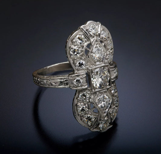 Vintage Art-Deco North to South 1CTtw VS2 Diamonds Plainum Ring 24mm Size 4
